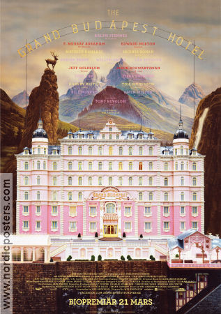 The Grand Budapest Hotel 2014 movie poster Ralph Fiennes Tony Revolori F Murray Abraham Edward Norton Jude Law Tilda Swinton Wes Anderson Mountains