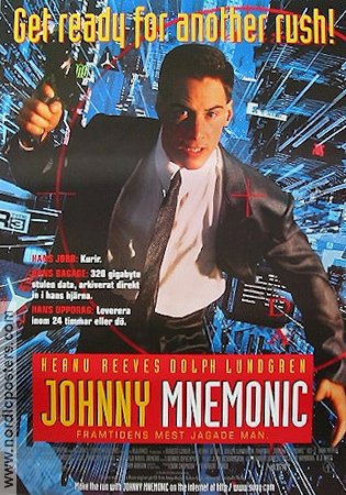 Johnny Mnemonic 1995 poster Keanu Reeves Dolph Lundgren Dina Meyer Robert Longo