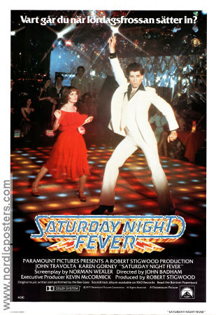 Saturday Night Fever 1977 poster John Travolta Karen Gorney John Badham Hitta mer: Robert Stigwood Musik: Bee Gees Dans Kultfilmer Disco