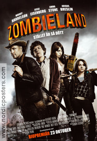 Zombieland 2009 movie poster Jesse Eisenberg Emma Stone Woody Harrelson Ruben Fleischer Guns weapons